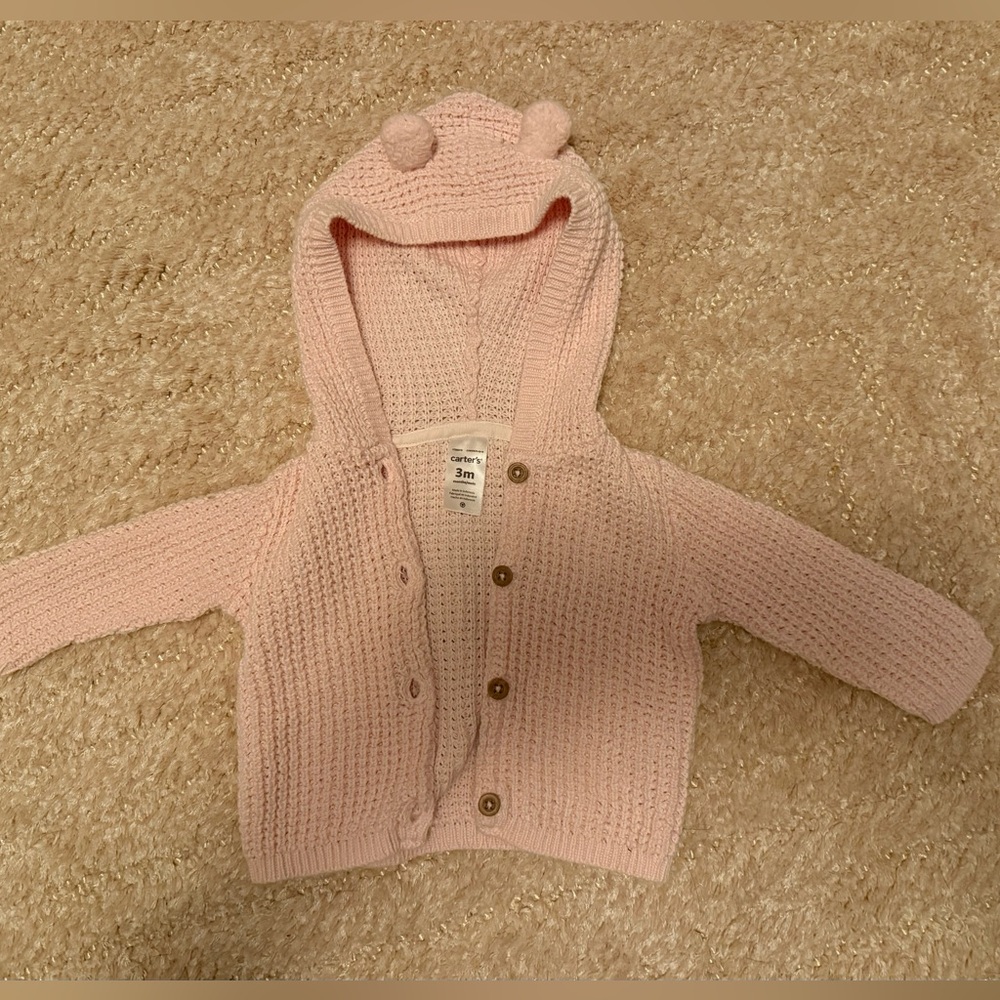 Carters 3 month - Adorable Pink Knit Baby Cardigan with Hood